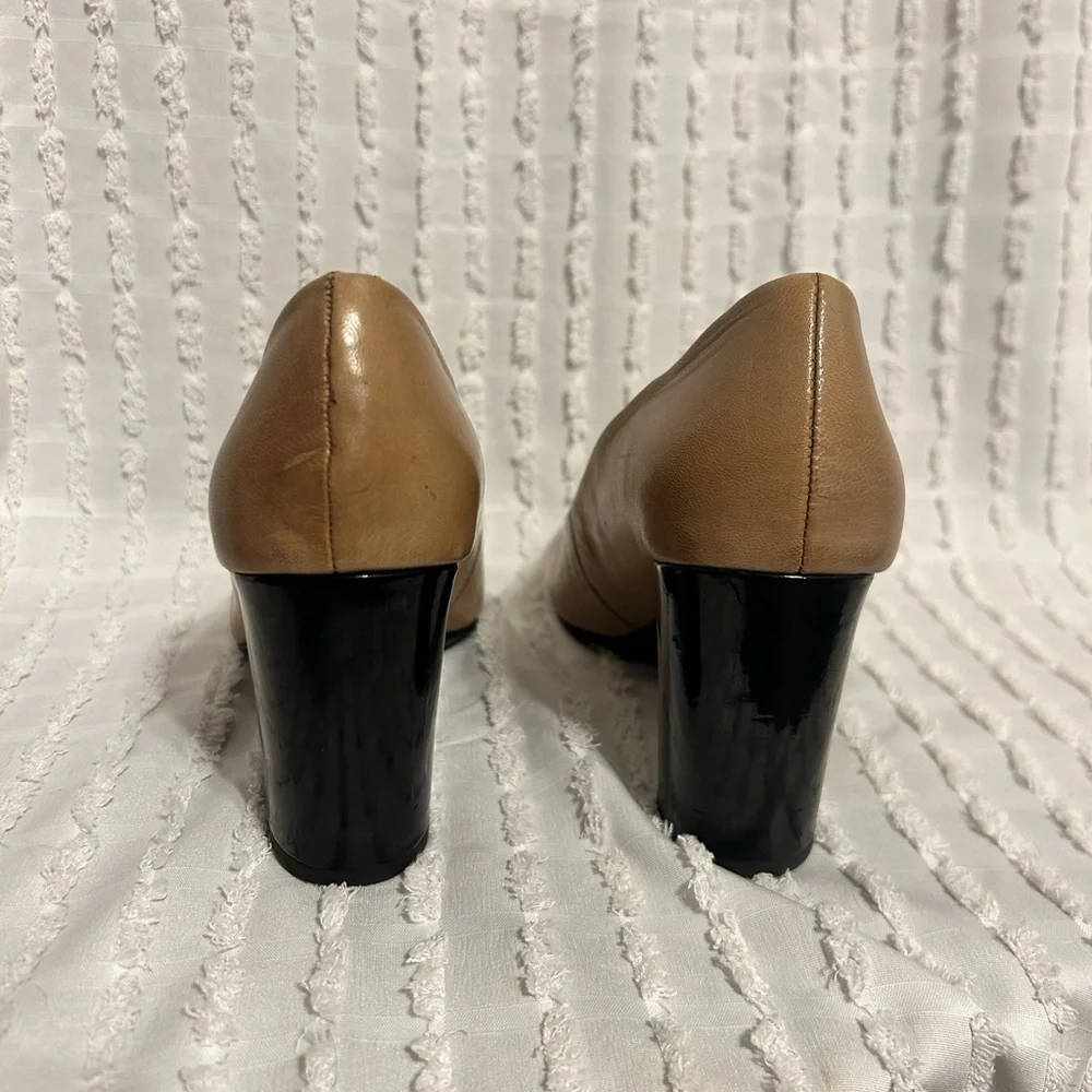 Bandolino Size 6.5M Tan Leather Peep Toe Block Heel Pumps‎